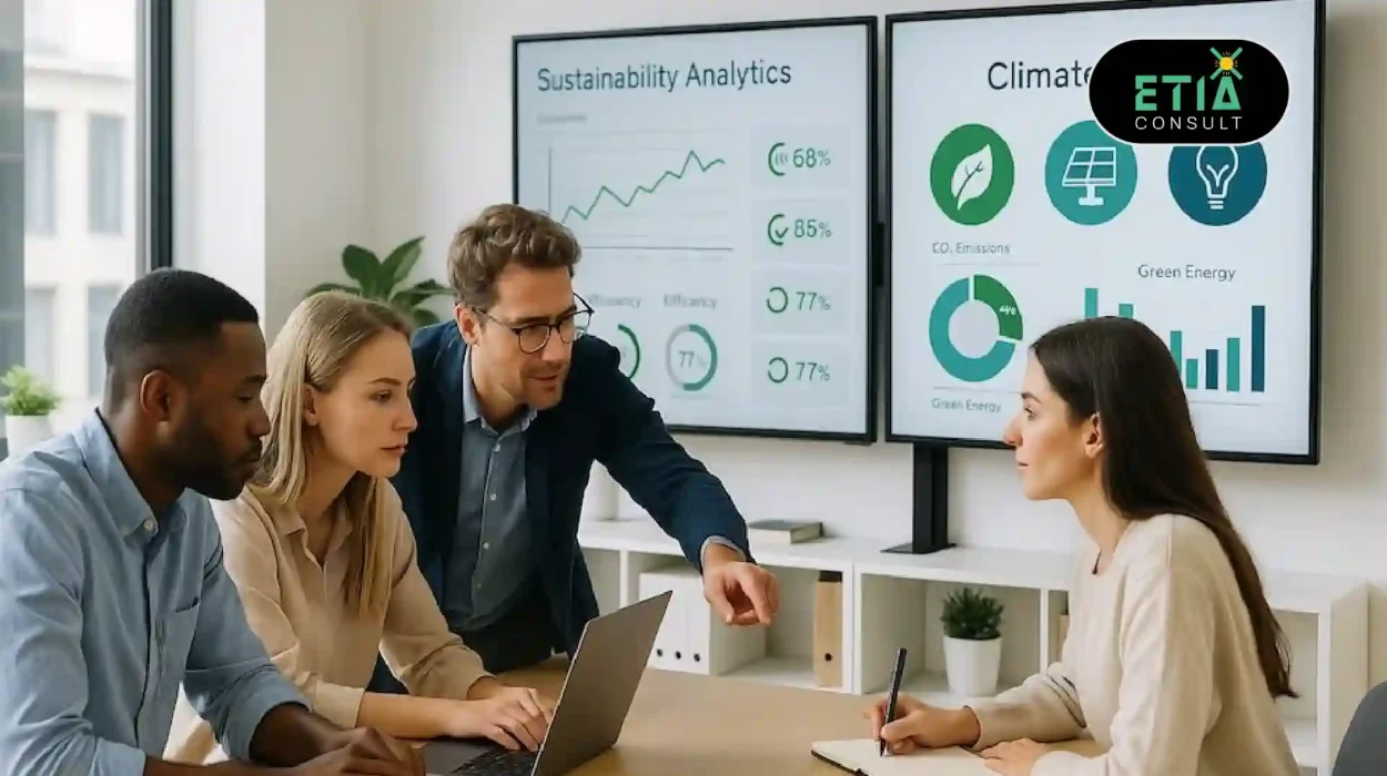Data-driven ESG strategy dashboard showing sustainability metrics and decision-making insights