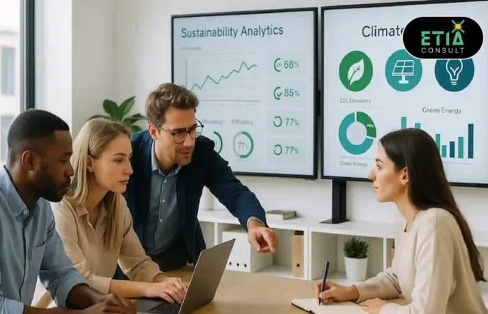 Data-driven ESG strategy dashboard showing sustainability metrics and decision-making insights
