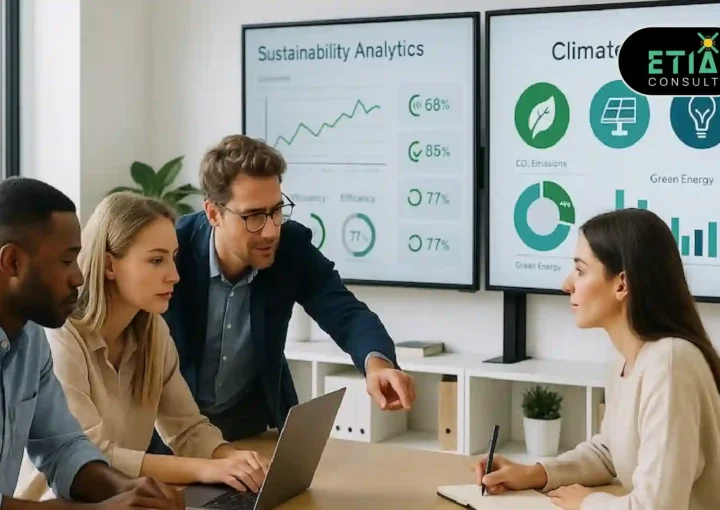 Data-driven ESG strategy dashboard showing sustainability metrics and decision-making insights
