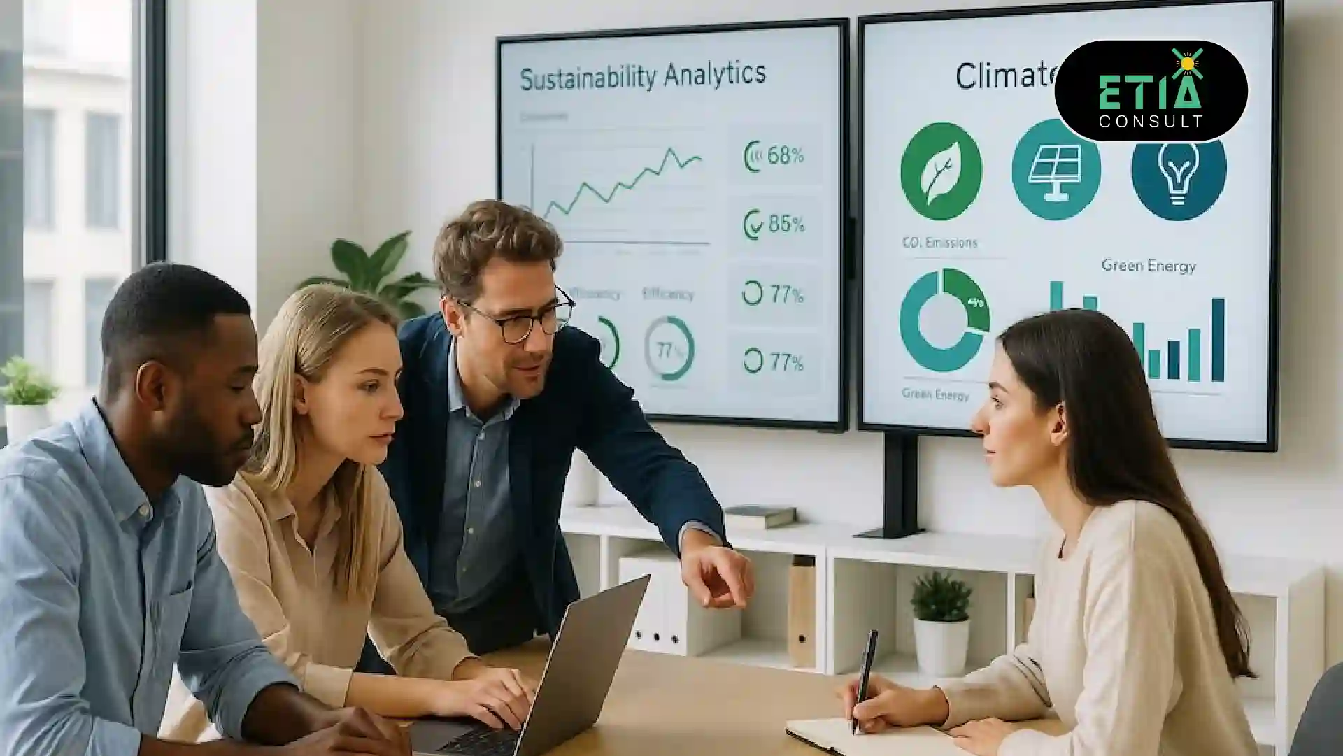 Data-driven ESG strategy dashboard showing sustainability metrics and decision-making insights