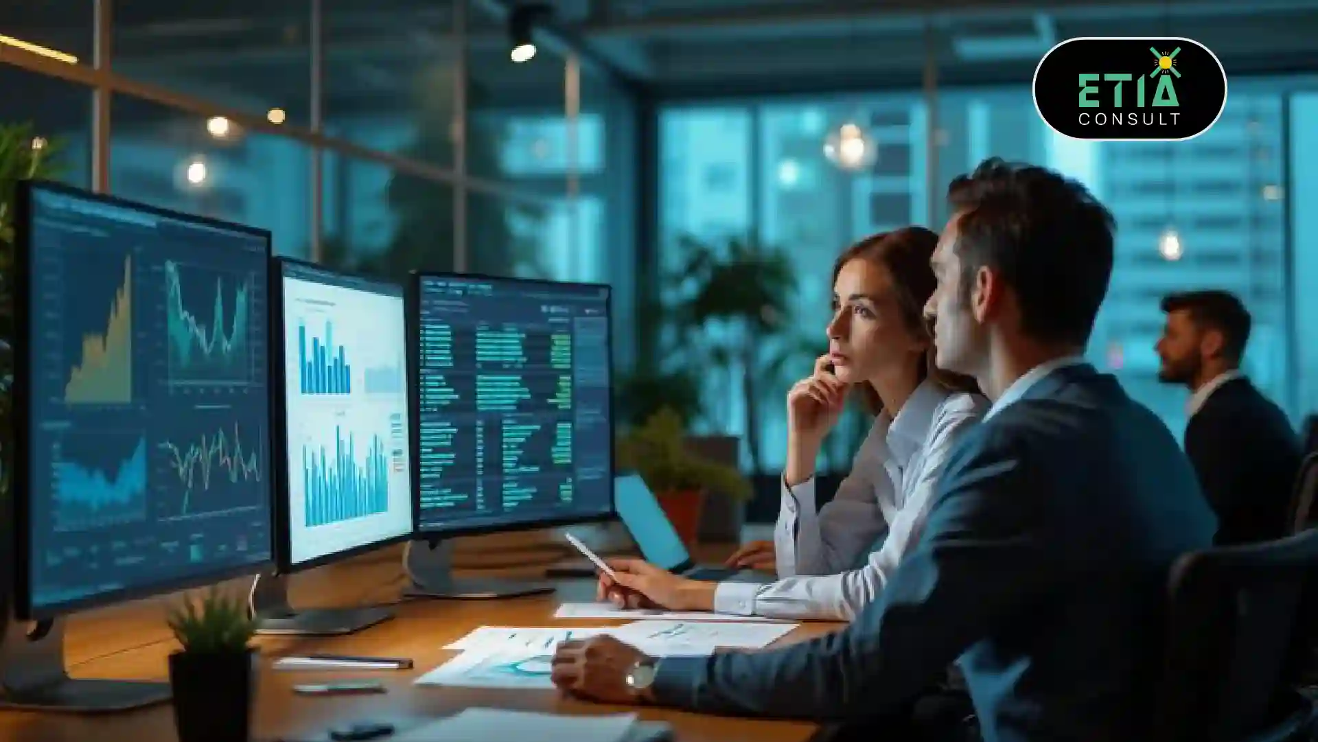 ESG reporting and analytics dashboard — ETIAconsult Netherlands consultant reviewing data-driven sustainability performance metrics including real-time carbon emissions tracking, energy efficiency KPIs, supply chain ESG scores, diversity indicators, and CSRD compliance status for a European organization's board-level sustainability review