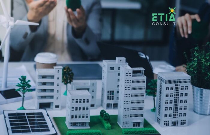 Business professionals analyzing ESG challenges for energy companies, including sustainability reporting, carbon emissions management, and regulatory compliance.