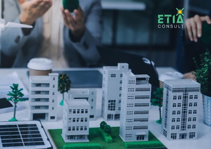 Business professionals analyzing ESG challenges for energy companies, including sustainability reporting, carbon emissions management, and regulatory compliance.
