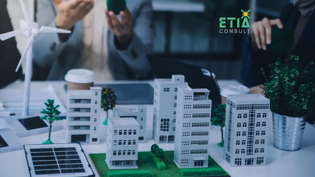Business professionals analyzing ESG challenges for energy companies, including sustainability reporting, carbon emissions management, and regulatory compliance.