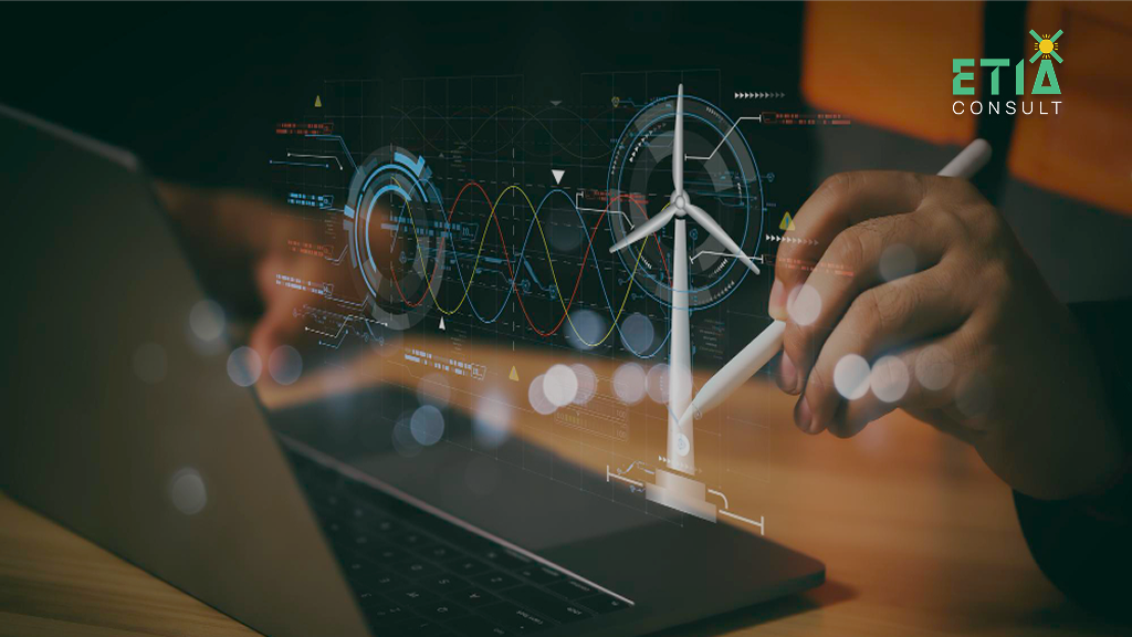 Agile digital innovation in energy operations — ETIAconsult Netherlands consultants reviewing iterative sprint outcomes on an energy sector digital transformation dashboard showing real-time KPIs and operational performance metrics