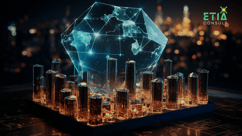 Peer-to-peer blockchain energy trading visualization — ETIAconsult Netherlands illustration of distributed solar households exchanging surplus electricity through a decentralized ledger marketplace