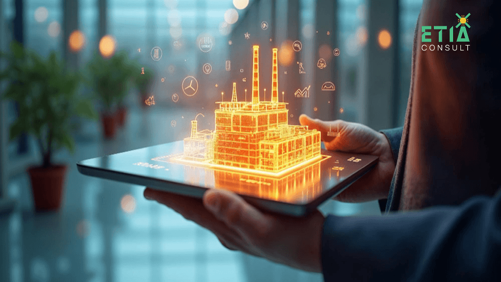 Smart contract energy trading dashboard powered by blockchain — ETIAconsult Netherlands visualization showing automated settlement, renewable certificate tracking, and real-time distributed ledger transaction verification