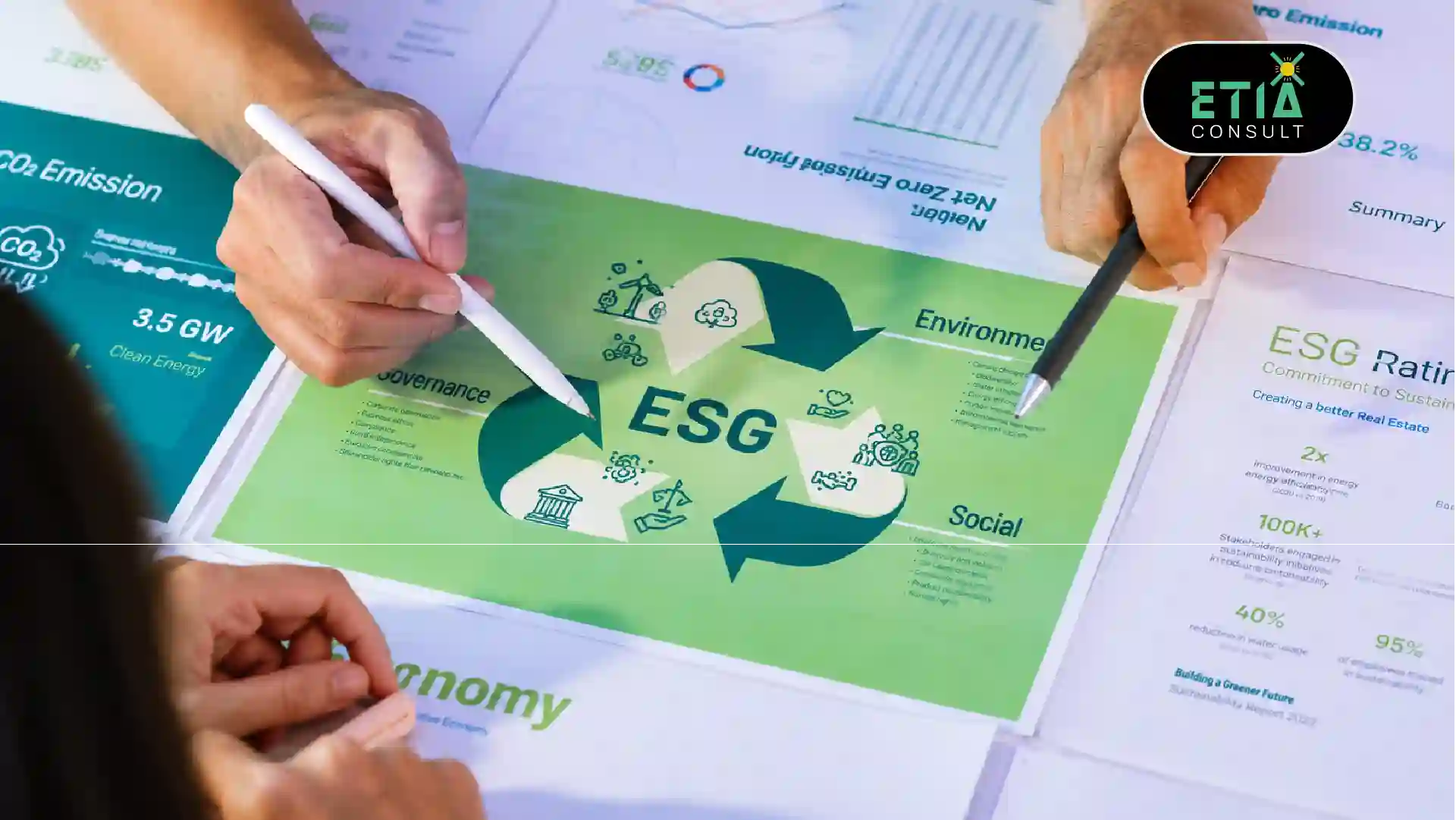 ETIAconsult ESG data management dashboard showing centralized sustainability data, CSRD reporting timelines, and AI-assisted documentation review for Netherlands and EU organizations