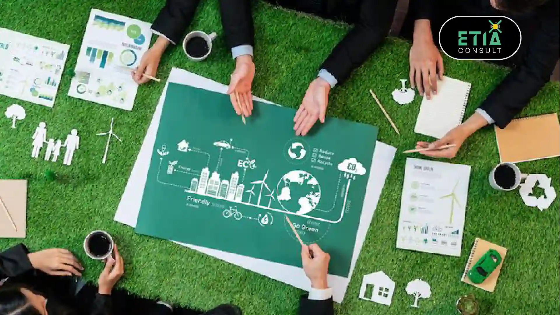ESG regulations 2026 advisory session for energy companies — ETIAconsult Netherlands sustainability compliance consultants reviewing CSRD, CSDDD, EU ETS, TCFD and REMIT regulatory requirements with an energy organization leadership team to design a compliant and strategically integrated ESG reporting and governance framework