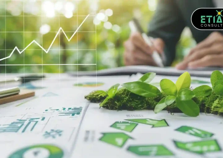 Energy industry professionals reviewing ESG regulations 2026 with renewable energy infrastructure, compliance dashboard, and sustainability reporting.