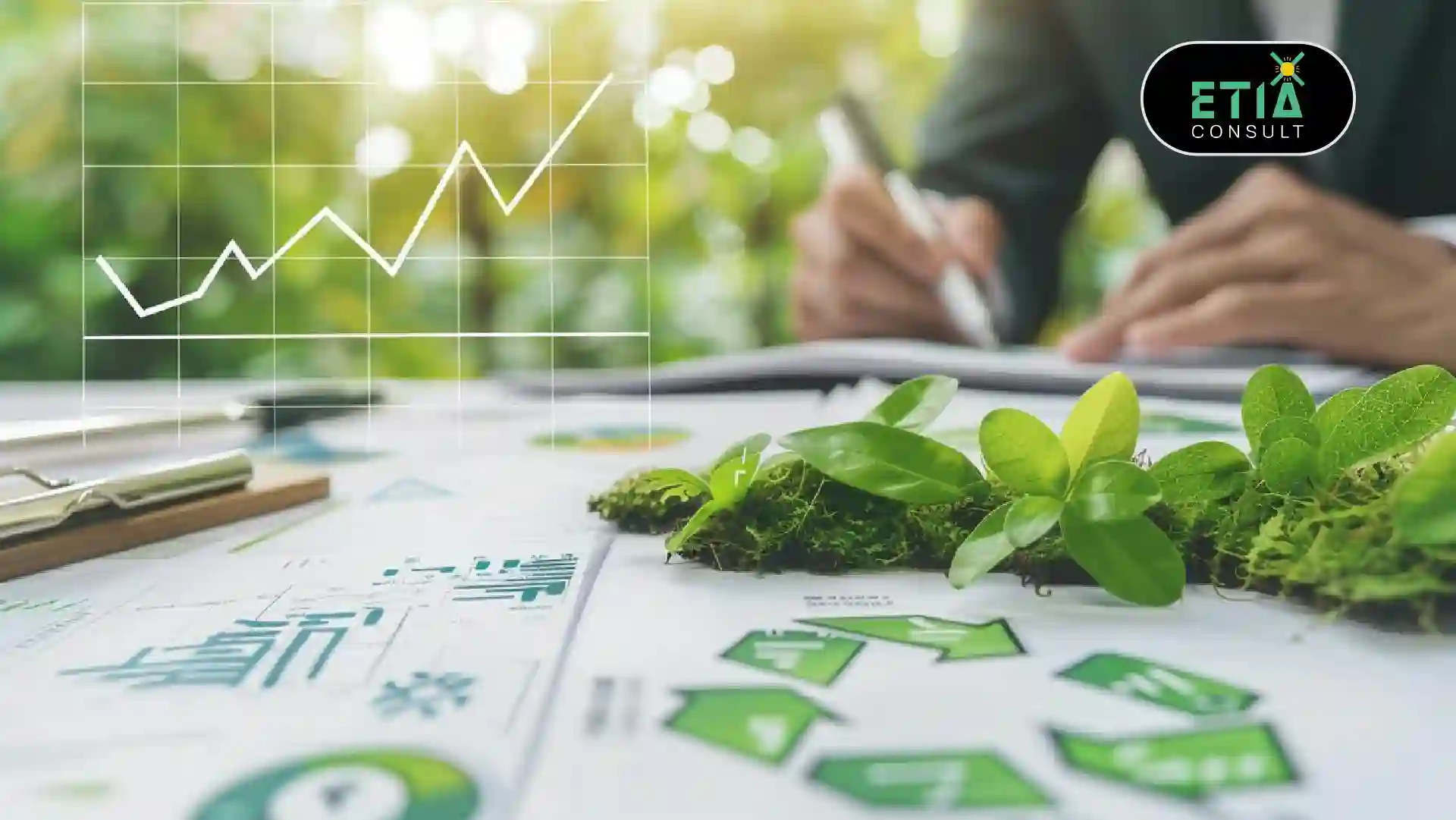 Energy industry professionals reviewing ESG regulations 2026 with renewable energy infrastructure, compliance dashboard, and sustainability reporting.