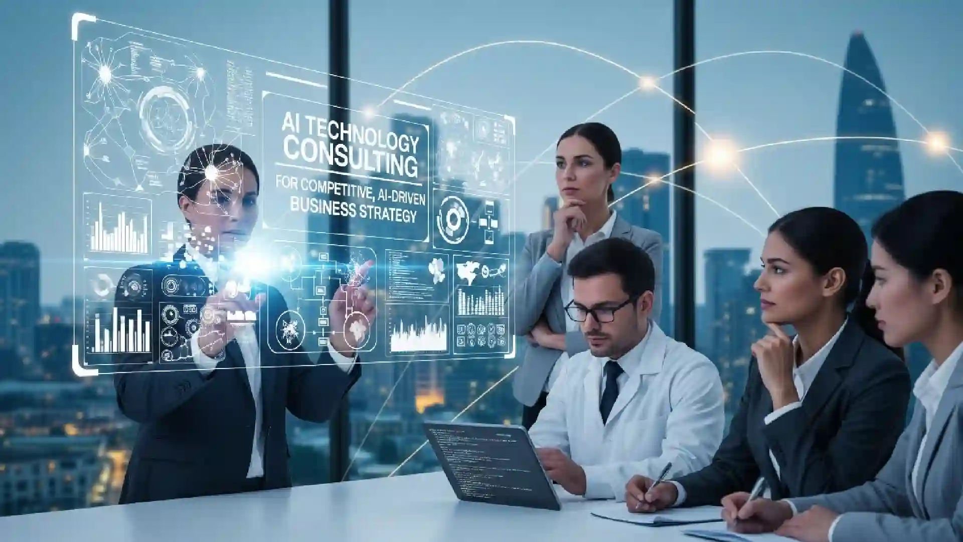 ETIAconsult energy trading operations team reviewing AI-supported trading automation, risk models, and compliance monitoring dashboards for commodity and energy markets