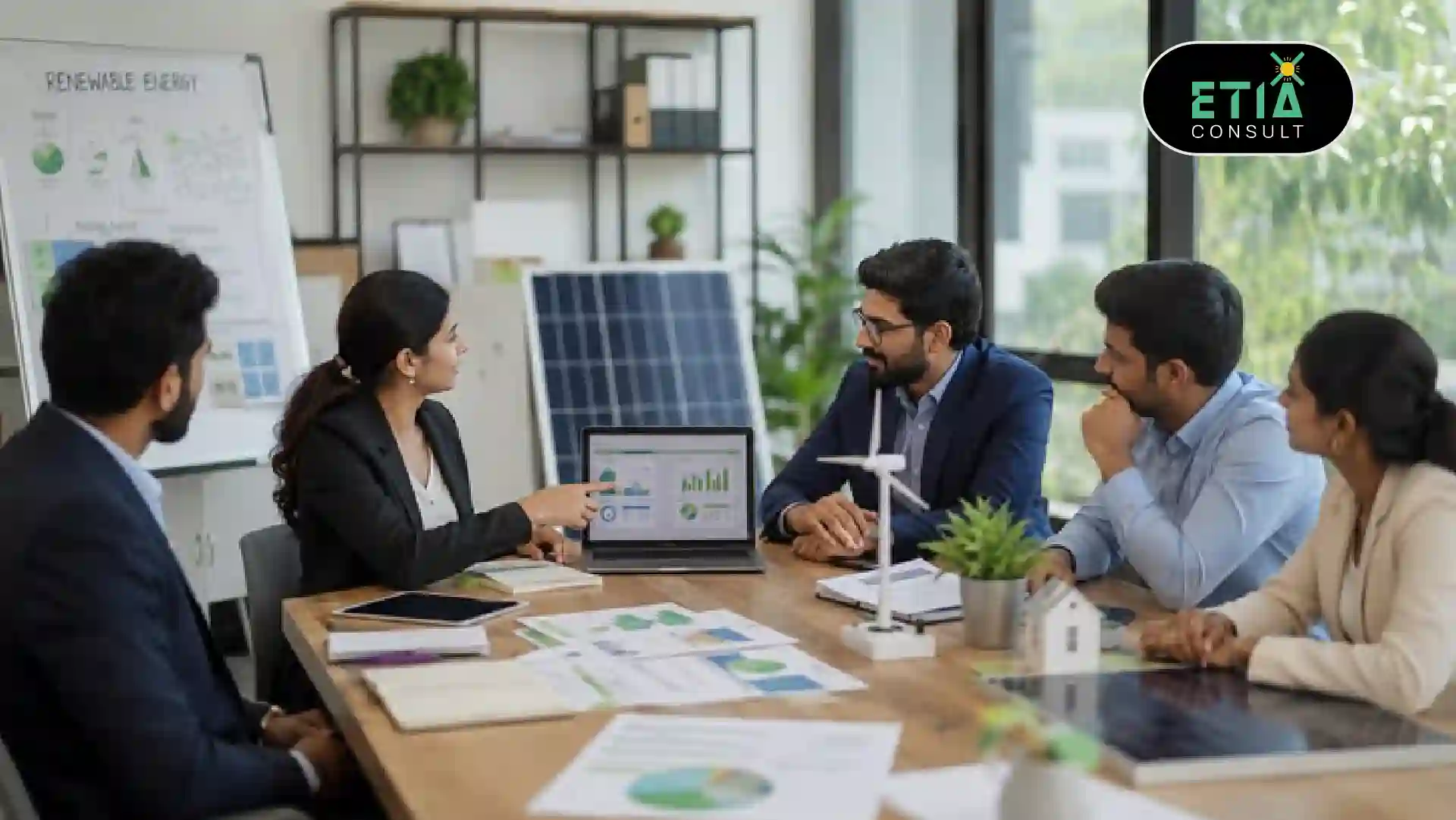 Business using sustainability competitive advantage through ESG strategy, renewable energy, innovation, and long-term growth.