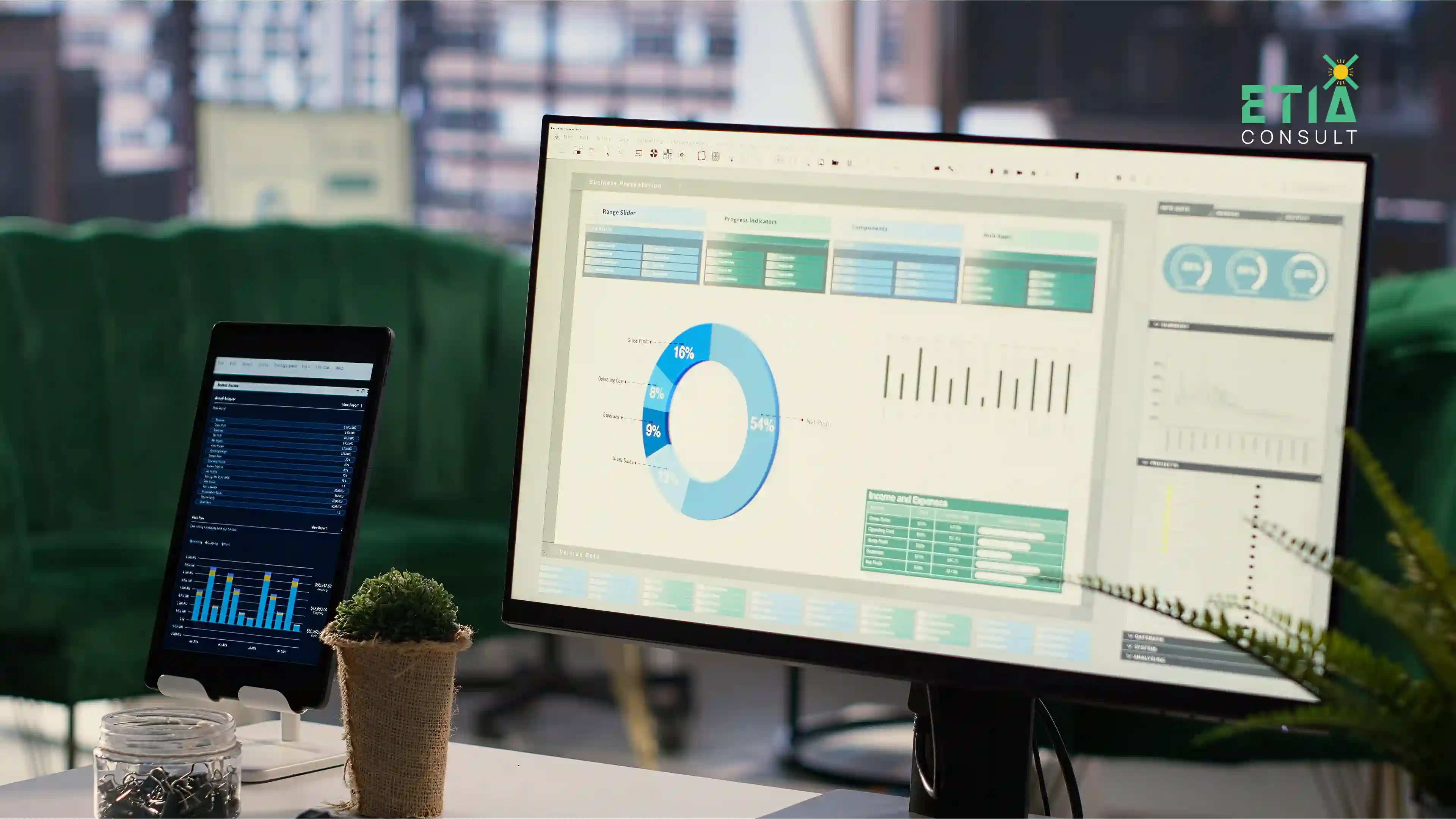 Energy trading risk management analytics platform — ETIAconsult Netherlands consultant reviewing an ETRM dashboard showing trading positions, portfolio exposure, price forecasting, and profit and loss performance for a European energy trading organization