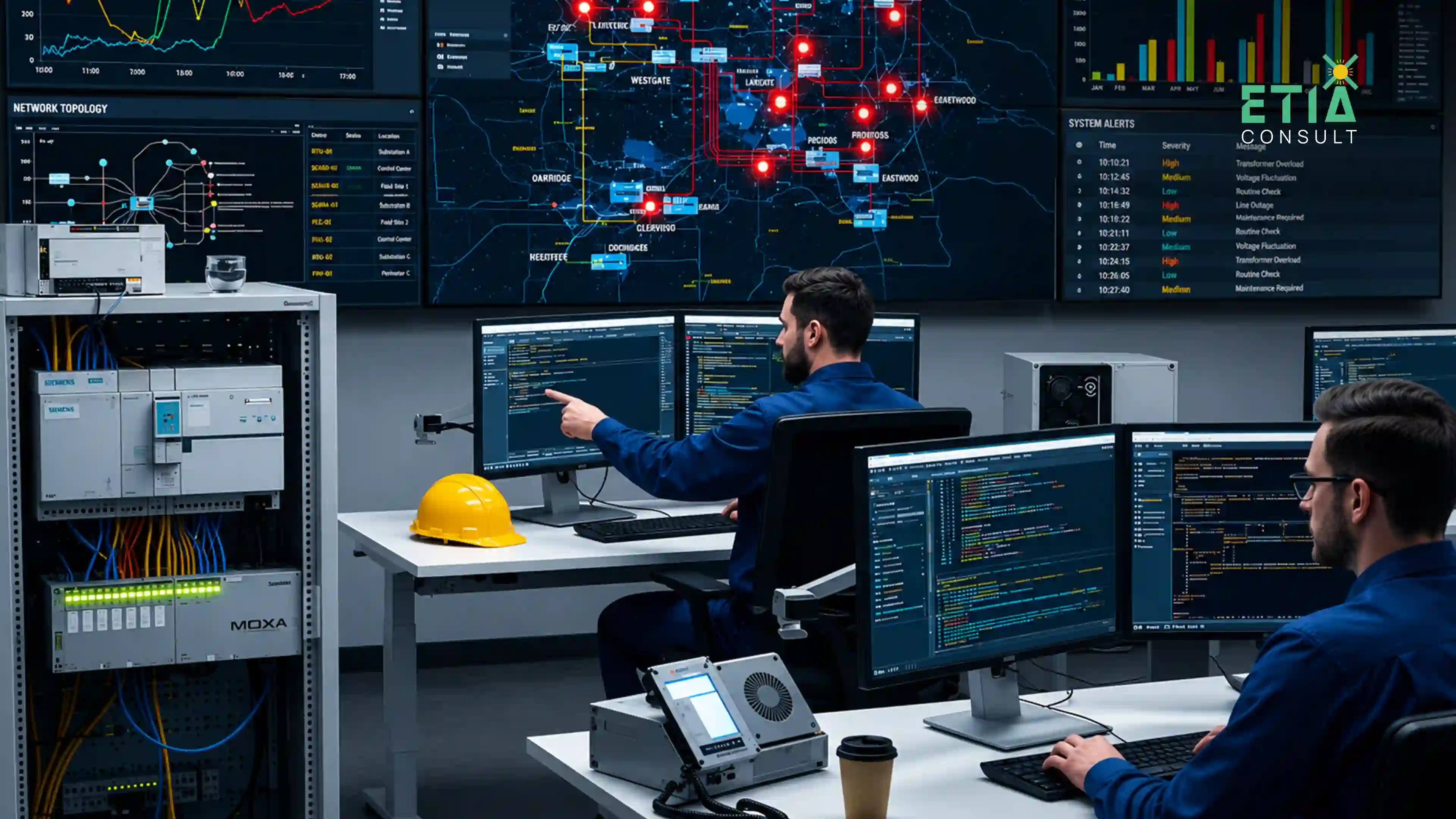 Cybersecurity best practices for energy and utility companies — ETIAconsult Netherlands energy cybersecurity consultant reviewing a critical infrastructure security framework showing IT and OT environment mapping, network segmentation architecture, asset inventory classification, access control policies, and incident response procedures for a European energy utility organization strengthening its cyber resilience programme