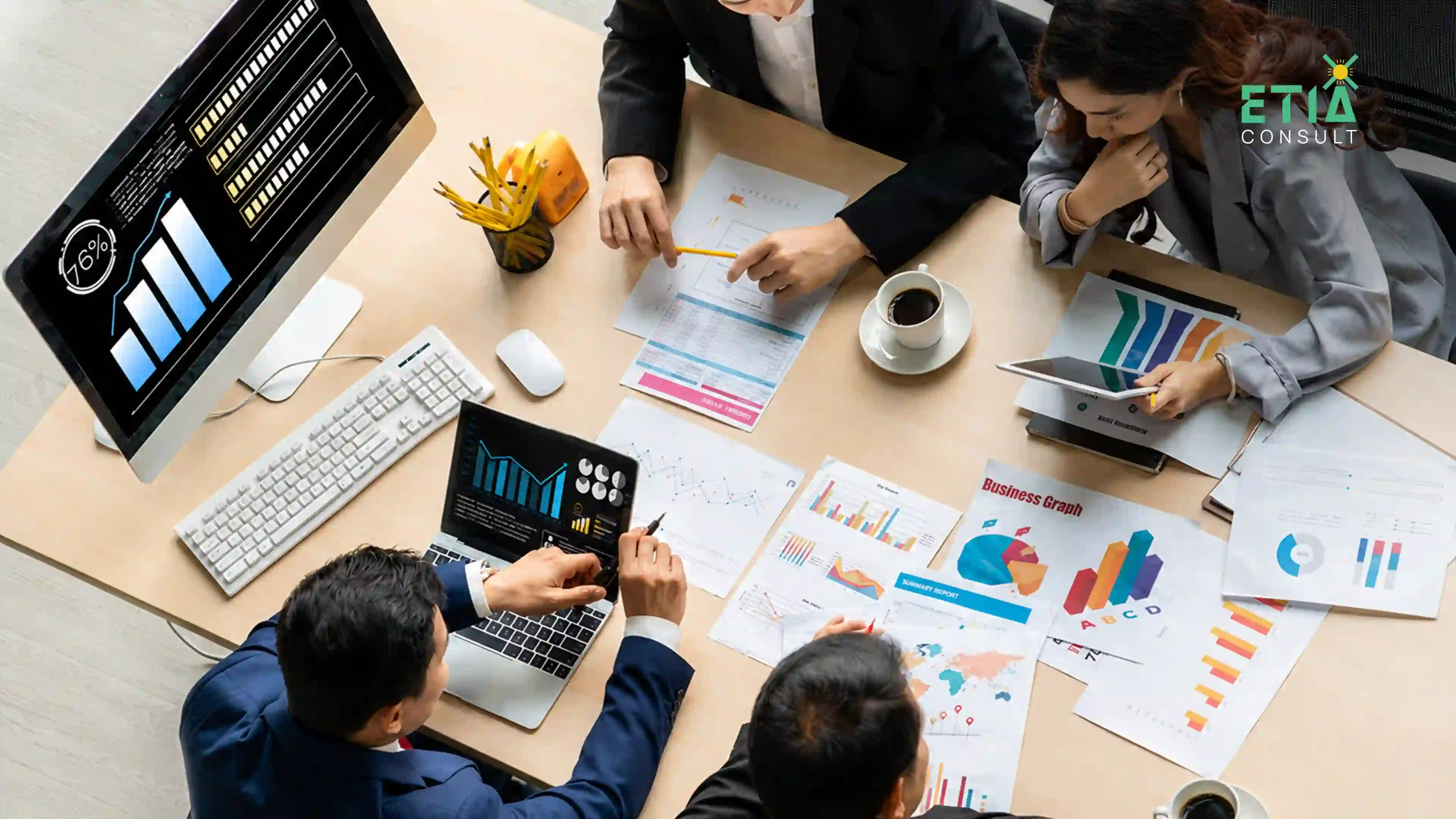 Intelligent enterprise dashboard connecting AI, automation, and sustainability data for a modern business