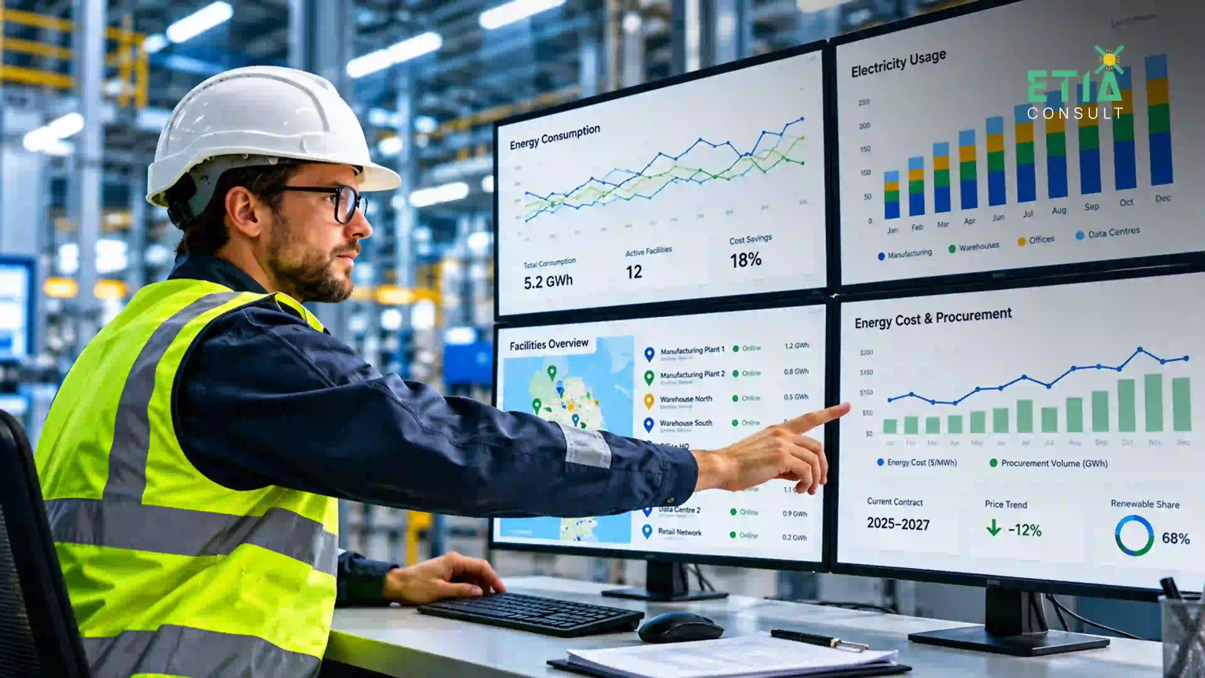 ETIAConsult procurement optimization team analyzing electricity procurement data and contract performance as part of an energy procurement strategy