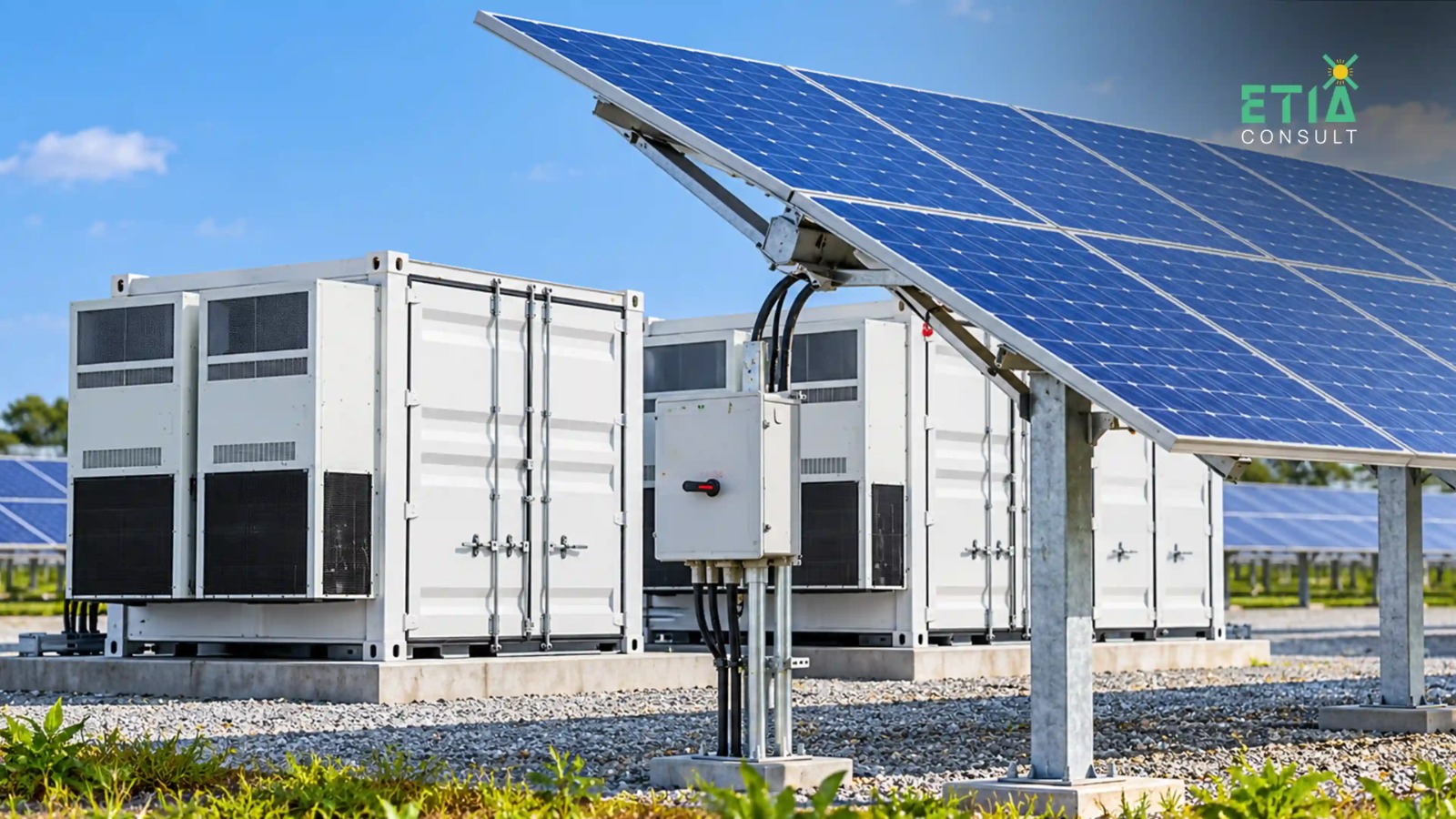 Battery energy storage systems BESS and grid storage — ETIAconsult Netherlands energy storage technology specialist reviewing a utility-scale battery energy storage system installation showing BESS grid connection architecture, renewable integration configuration, energy management software interface, battery trading market participation, and storage dispatch optimisation for a European renewable energy project